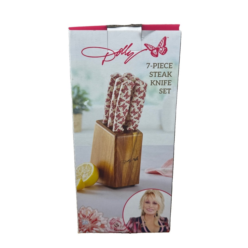 Dolly Parton 7-Piece Steak Knife Set Pink Handles Acacia Block for Storage